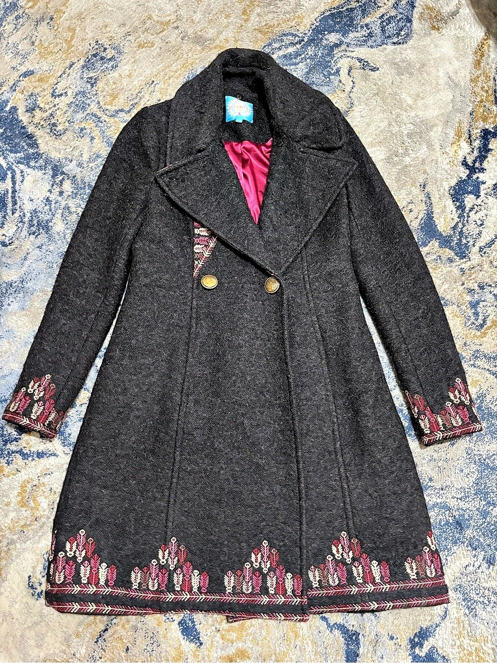 Plenty Tracy Reese Underground Embroidered Pea Coat in Black & Pink Size 0